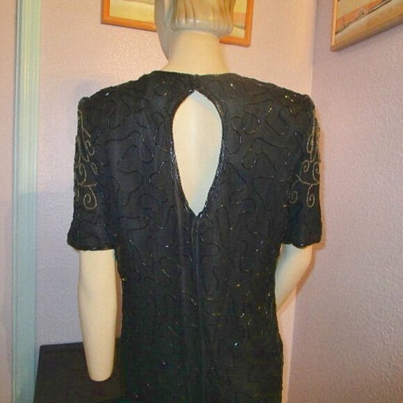 NOS Silk BEADED Sequins Size L DRESS Shimmer V-NECK Black Gold JMC Lined FORMAL - Picture 9 of 12
